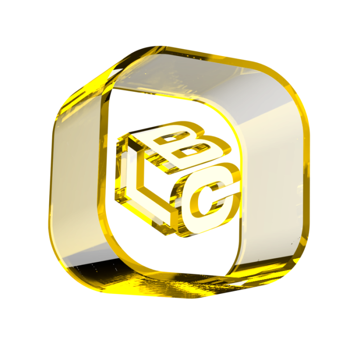 Logo 3D dourado com as letras L, B e C em destaque, sobre fundo branco